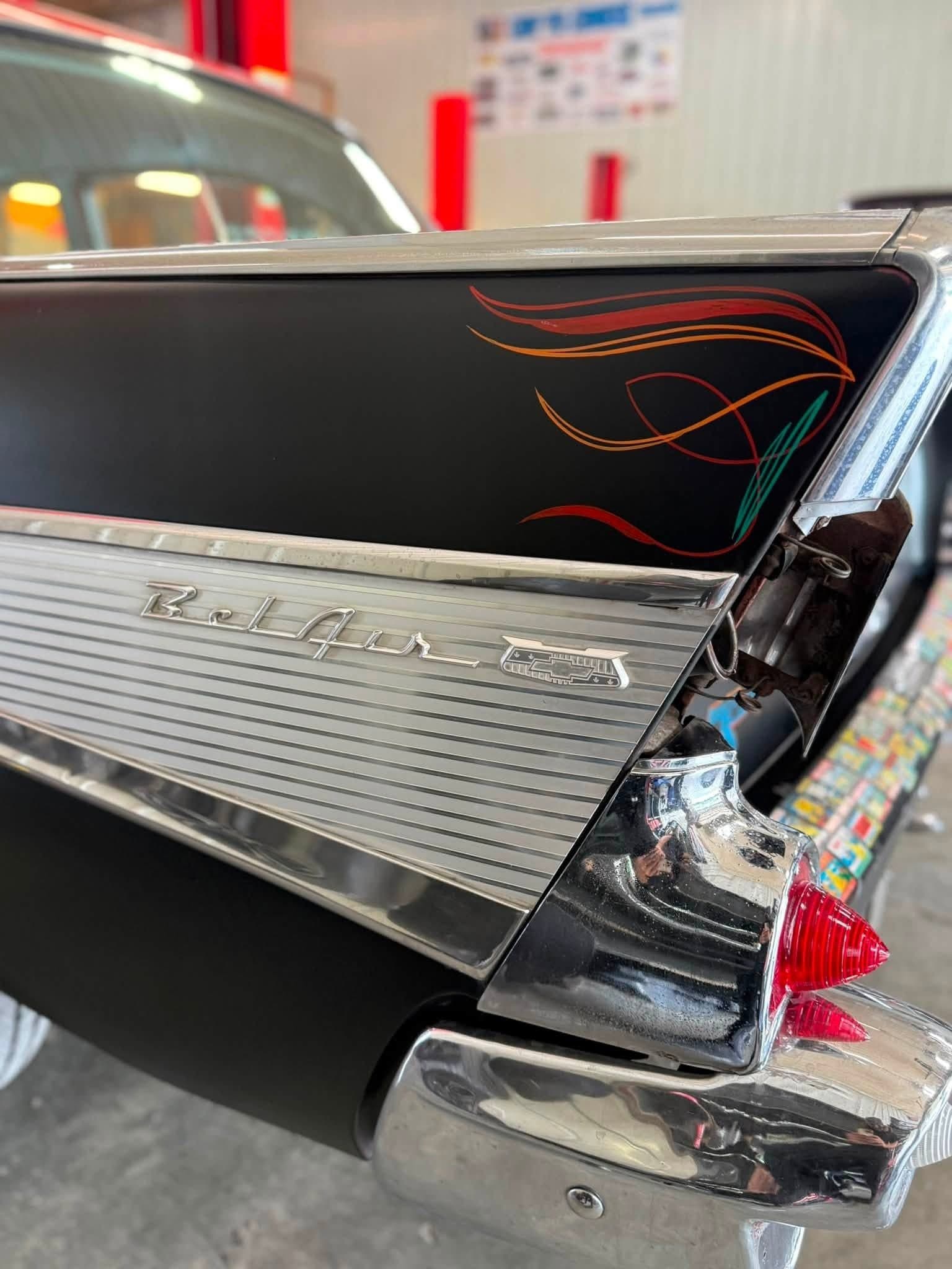 Close-up of a 1957 Bel Air tail fin with hand-painted pinstriping